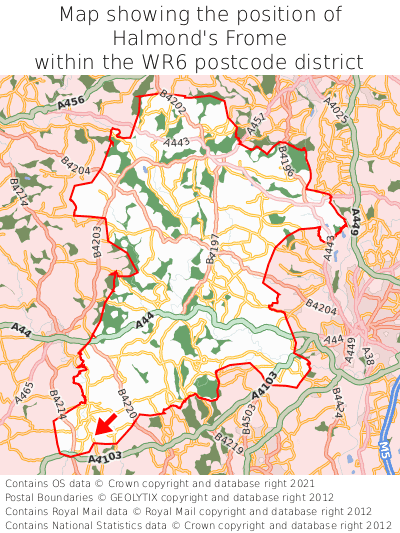 Map showing location of Halmond's Frome within WR6