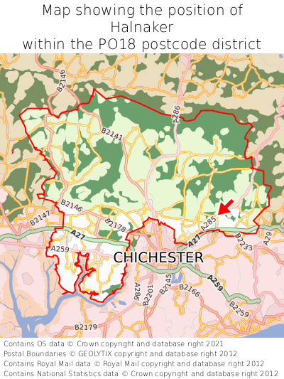 Map showing location of Halnaker within PO18