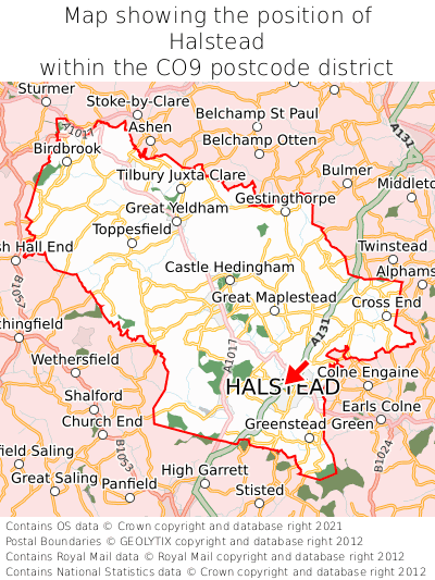 Map showing location of Halstead within CO9