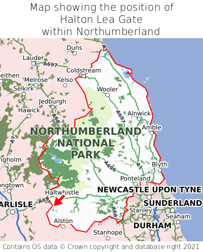 Map showing location of Halton Lea Gate within Northumberland