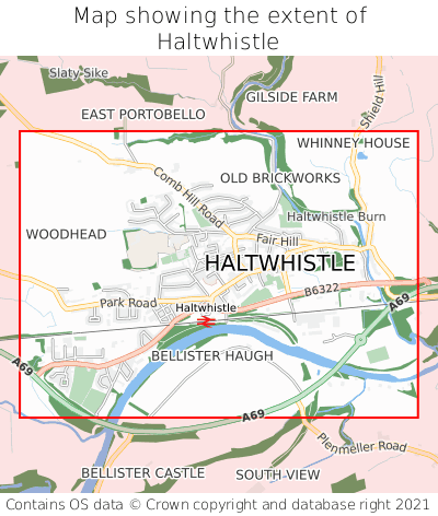 Map showing extent of Haltwhistle as bounding box