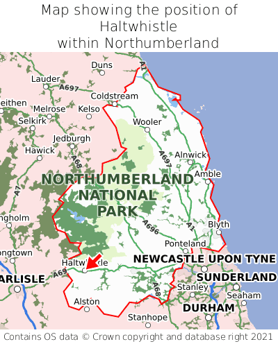 Map showing location of Haltwhistle within Northumberland