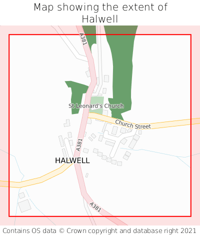 Map showing extent of Halwell as bounding box