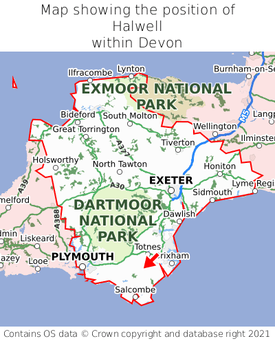 Map showing location of Halwell within Devon
