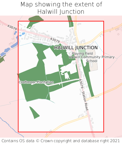 Map showing extent of Halwill Junction as bounding box