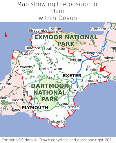Map showing location of Ham within Devon