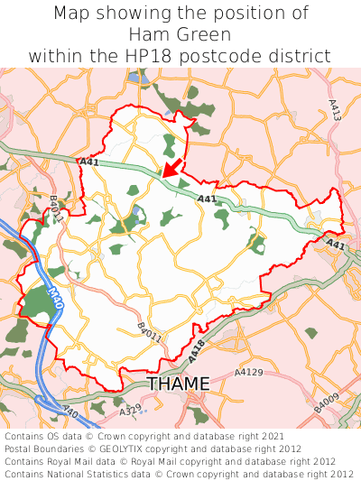 Map showing location of Ham Green within HP18