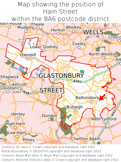 Map showing location of Ham Street within BA6