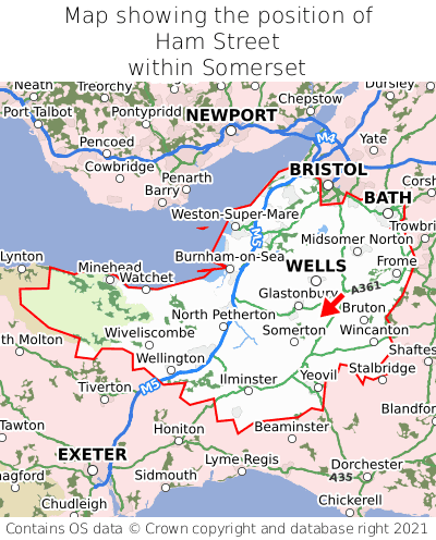 Map showing location of Ham Street within Somerset