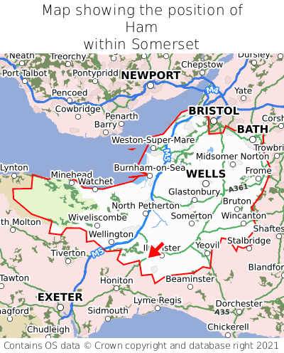 Map showing location of Ham within Somerset