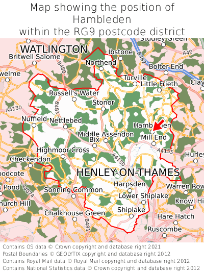 Map showing location of Hambleden within RG9