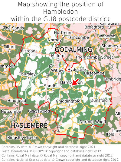 Map showing location of Hambledon within GU8