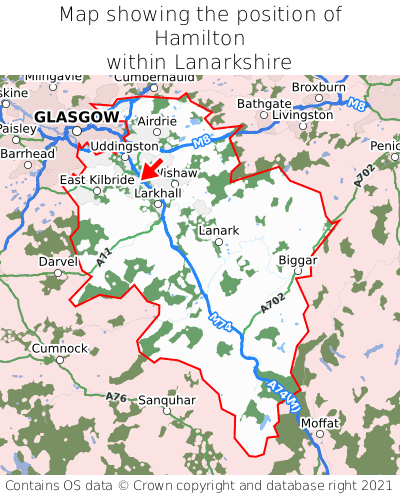 Map showing location of Hamilton within Lanarkshire