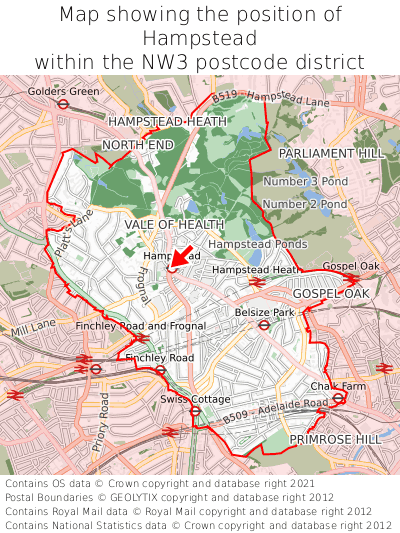 Map showing location of Hampstead within NW3