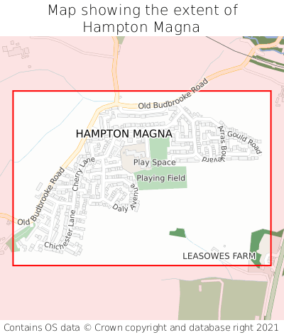 Map showing extent of Hampton Magna as bounding box