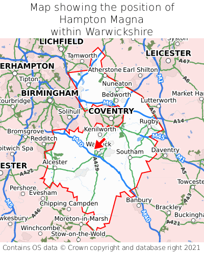 Map showing location of Hampton Magna within Warwickshire