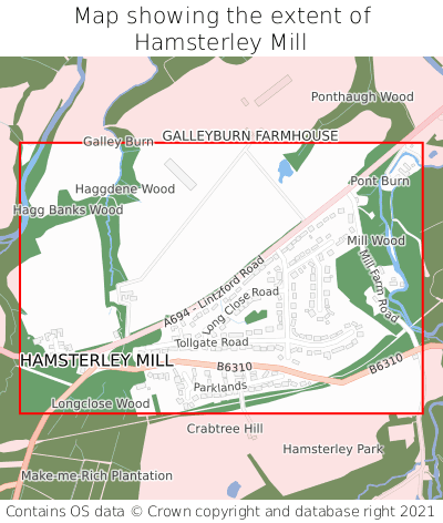 Map showing extent of Hamsterley Mill as bounding box