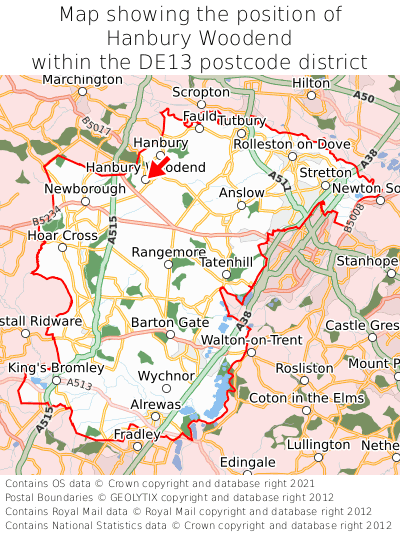Map showing location of Hanbury Woodend within DE13