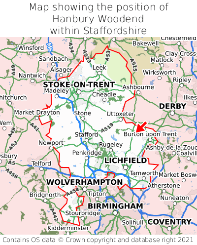 Map showing location of Hanbury Woodend within Staffordshire