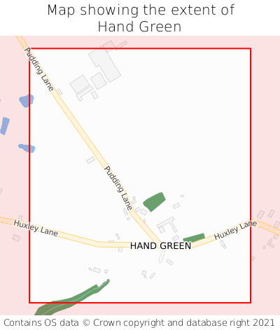 Map showing extent of Hand Green as bounding box