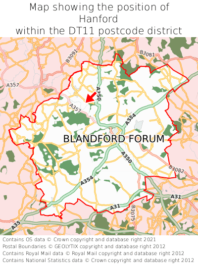 Map showing location of Hanford within DT11