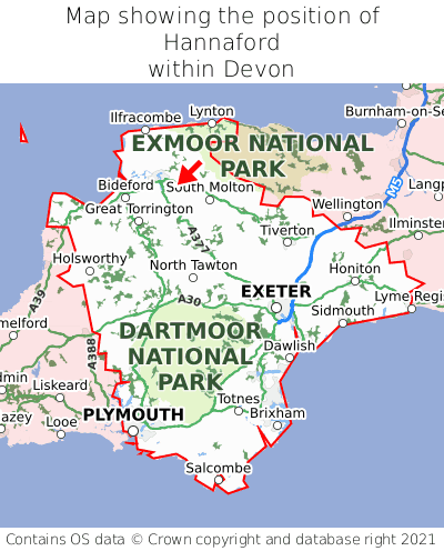 Map showing location of Hannaford within Devon