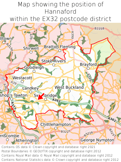 Map showing location of Hannaford within EX32