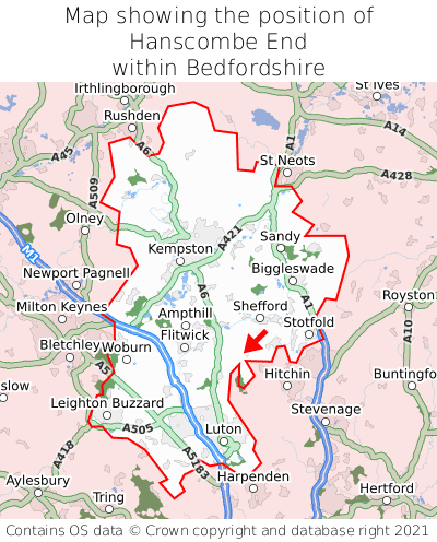 Map showing location of Hanscombe End within Bedfordshire