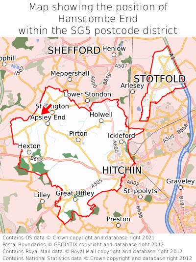 Map showing location of Hanscombe End within SG5