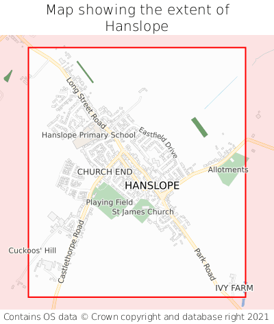 Map showing extent of Hanslope as bounding box
