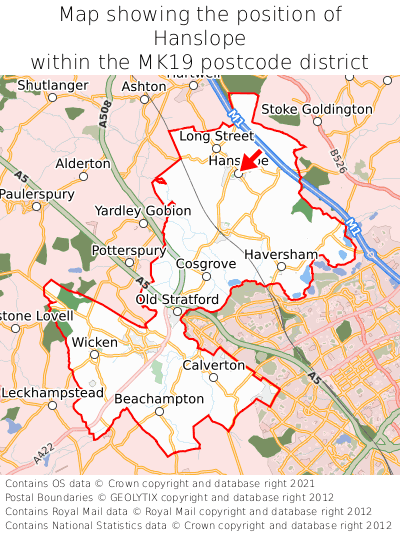 Map showing location of Hanslope within MK19