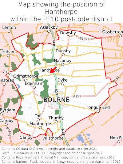 Map showing location of Hanthorpe within PE10