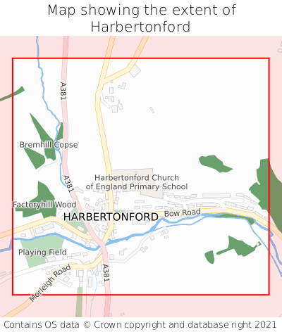 Map showing extent of Harbertonford as bounding box