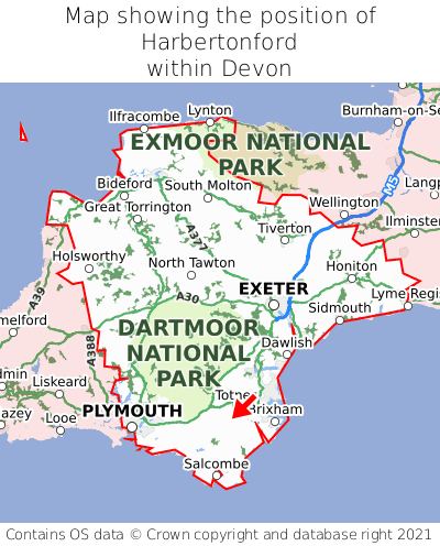 Map showing location of Harbertonford within Devon