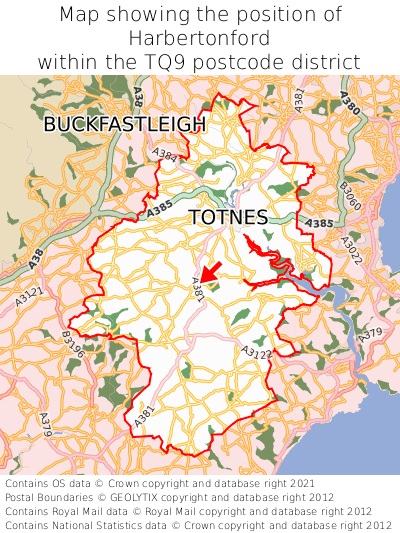 Map showing location of Harbertonford within TQ9