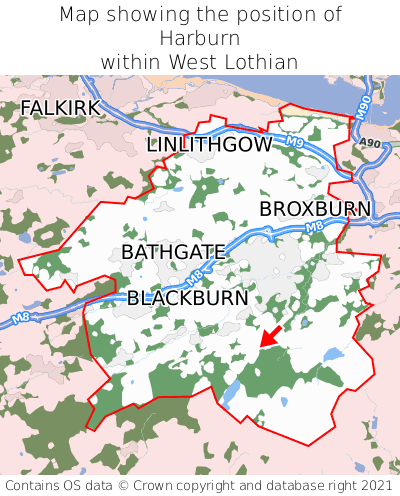 Map showing location of Harburn within West Lothian