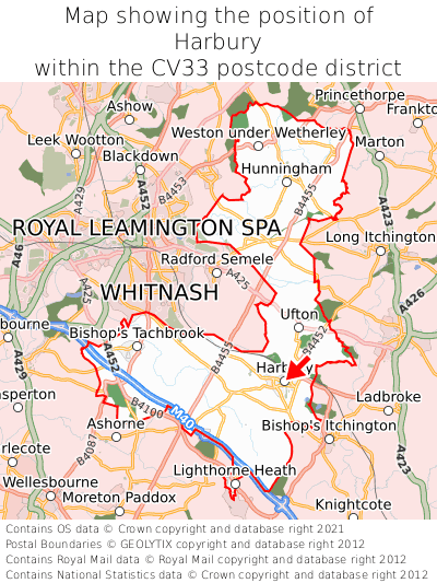 Map showing location of Harbury within CV33