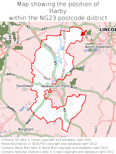 Map showing location of Harby within NG23