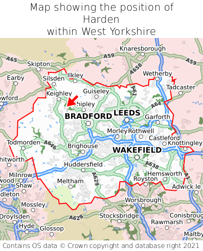Map showing location of Harden within West Yorkshire