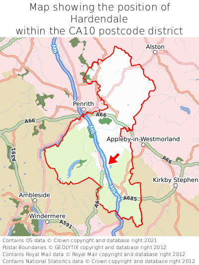 Map showing location of Hardendale within CA10