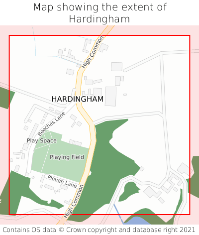 Map showing extent of Hardingham as bounding box