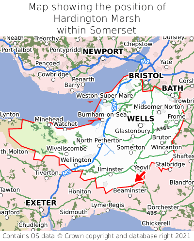 Map showing location of Hardington Marsh within Somerset