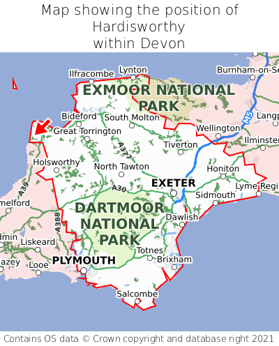 Map showing location of Hardisworthy within Devon