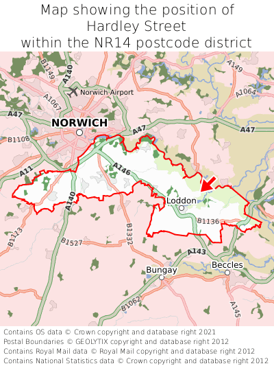 Map showing location of Hardley Street within NR14