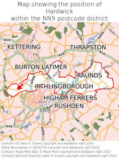 Map showing location of Hardwick within NN9