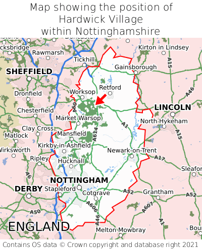Map showing location of Hardwick Village within Nottinghamshire