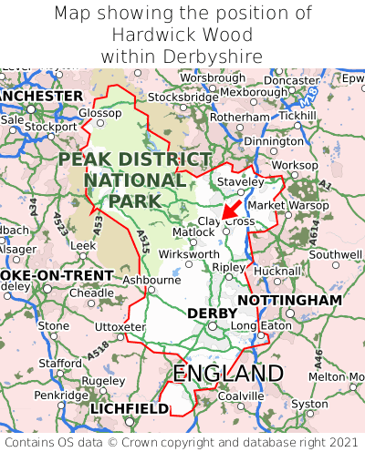 Map showing location of Hardwick Wood within Derbyshire