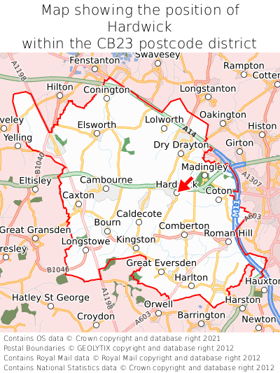 Map showing location of Hardwick within CB23