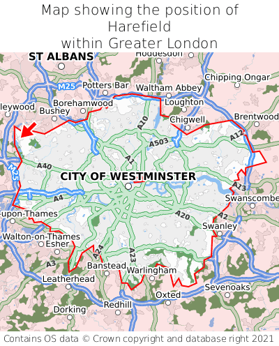 Map showing location of Harefield within Greater London