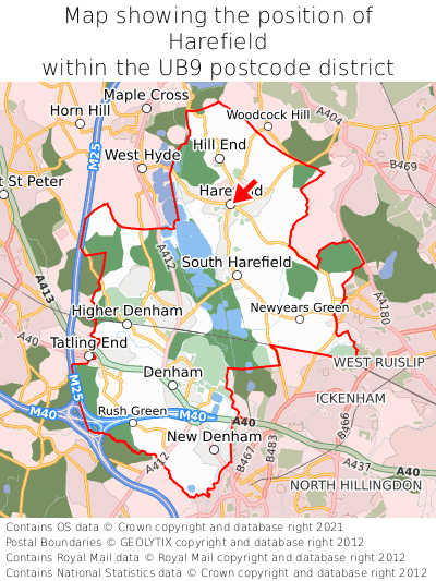 Map showing location of Harefield within UB9